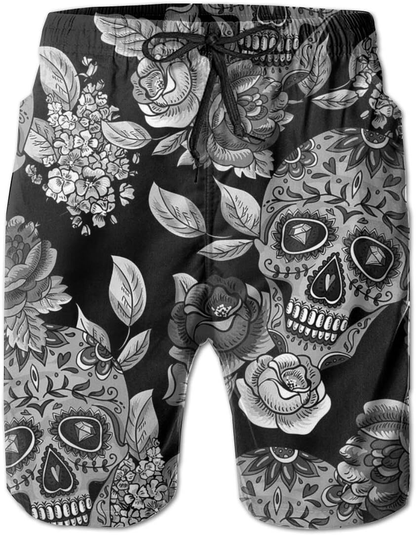 Halloween Mens Shorts 3D Printing Pattern Skull And Flowers Monochrome Men Swim Trunks Quick Dry Beach Hawaiian Pants For Adult With