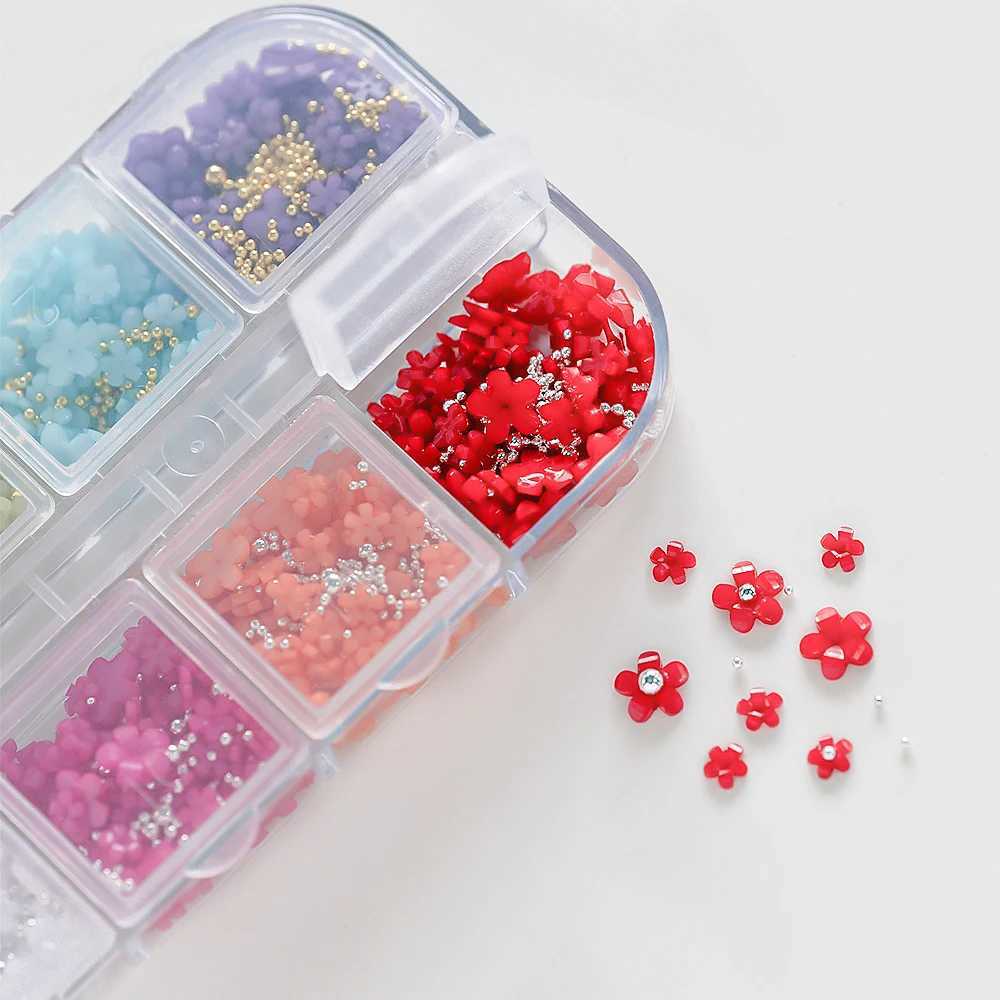 12 grid acrylic flower nail charm 12 color set 3D flower nail art Rhinestone mixed flower spring gemstone DIY nail supplies W240829