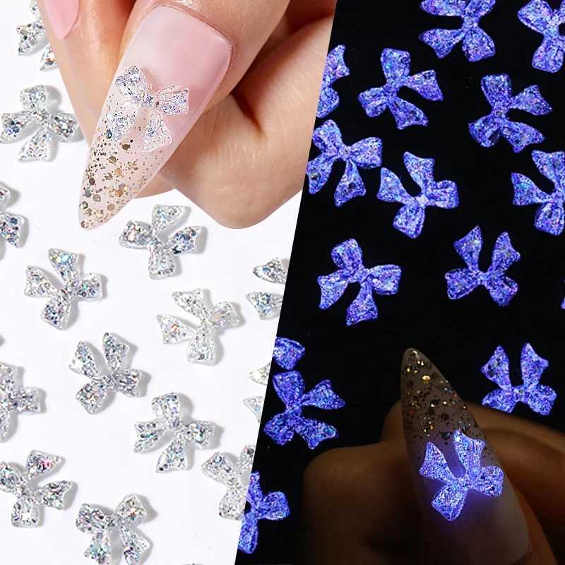 50 pieces of 3D luminous nail charm accessories jelly ribbon bow nail decoration transparent crystal handmade jewelry W240829