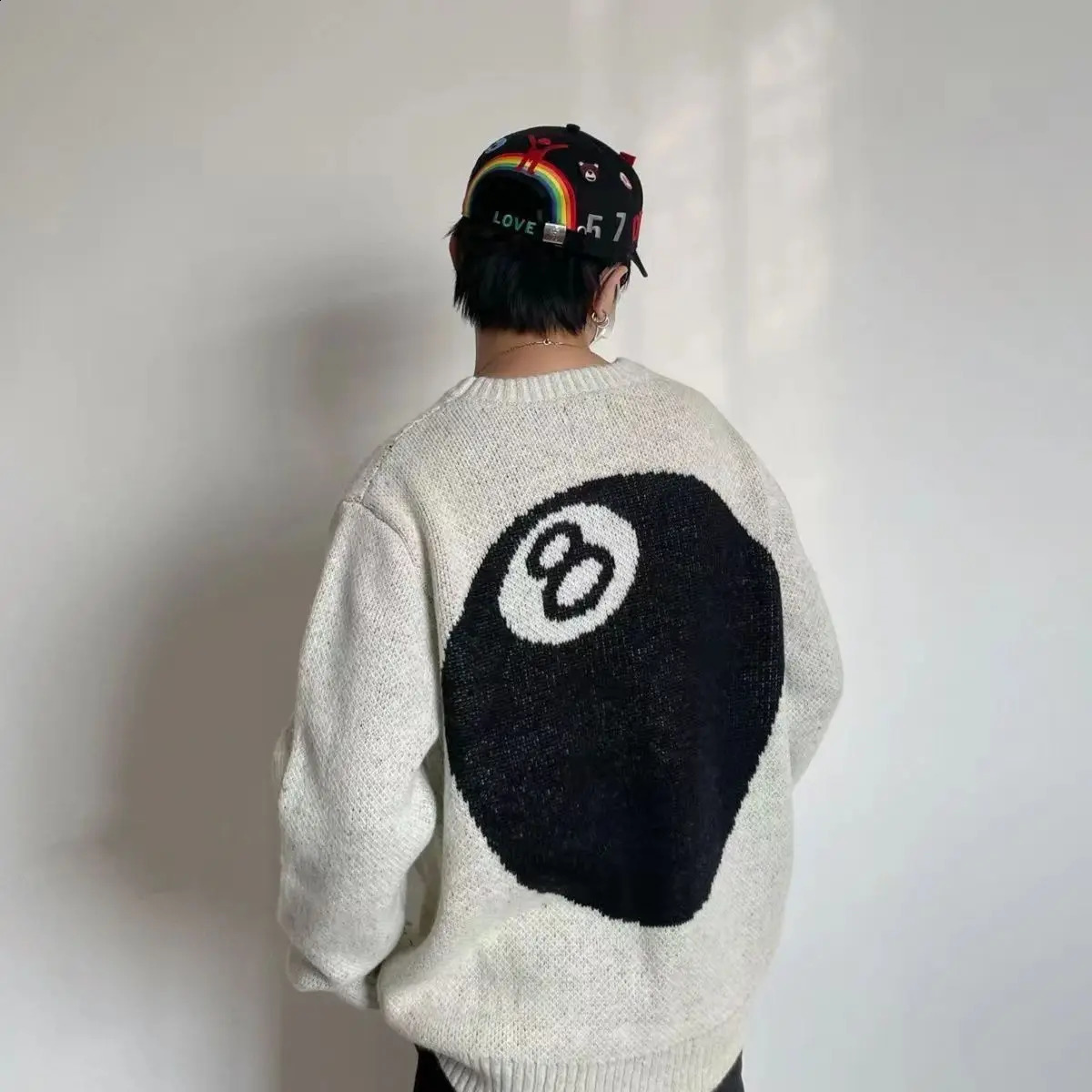 Black Eight Billiards Sweater Mens High Street Pullover American Knitted Sweater Lazy Knitted Couple Clothing 240829