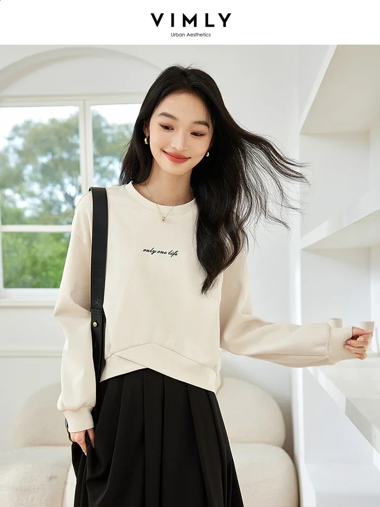 Vimly Womens Sweater Autumn Irregular Loose Floral Letter Printing Embroidery Short Simple Version Top M8313 240827