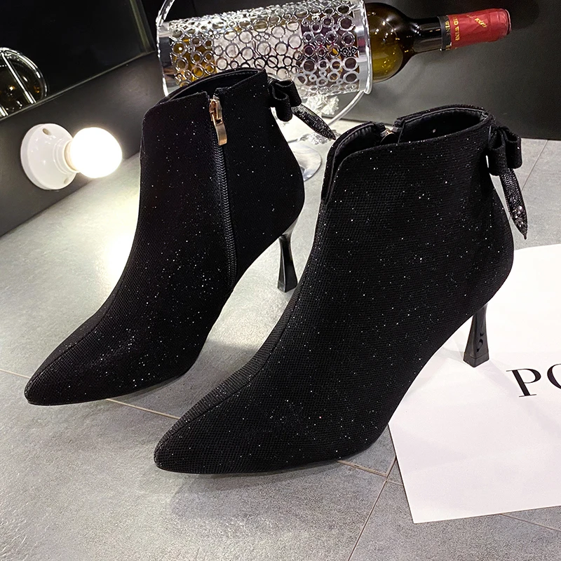 Fashion All-match Short Women's Spring and Autumn New Pointed Toe Stiletto Comfortable Back Zipper Nude Color Boots 9020