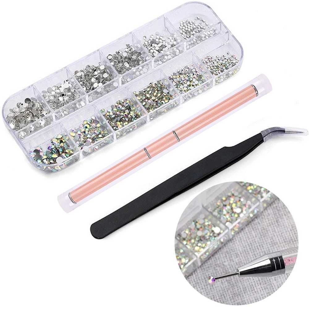 Multi-Size Nail Rhinestones Kit 3D Crystal AB DIY Nail Art Decors Diamond Gems Glitter Manicure Point Drill Pen Tweezers Tools #XJ240829