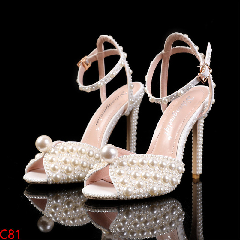 Women Sandals Fashion High Quality Wedding Shoes Women New Pearls Studs Luxury Peep Toe High Heels Buckle Woman Sandal 43