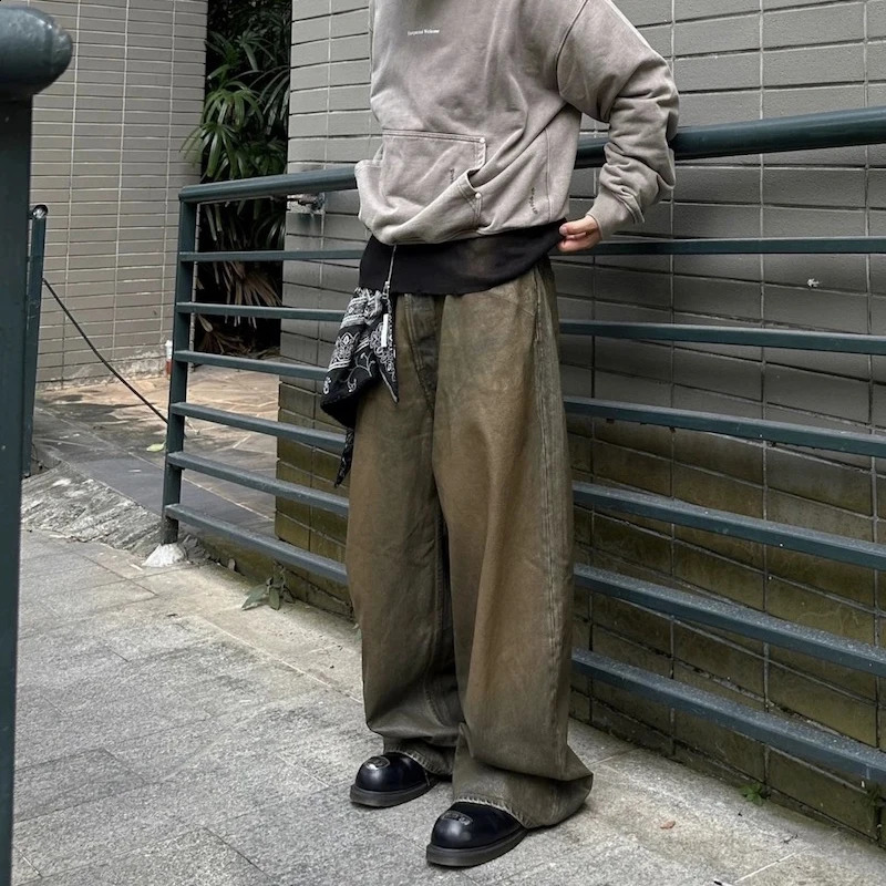 Oil Wax Coating Distressed Silhouette Jeans for Men and Women Washed Streetwear Baggy Denim Trousers Oversized Ropa Hombre Cargo 240826Z