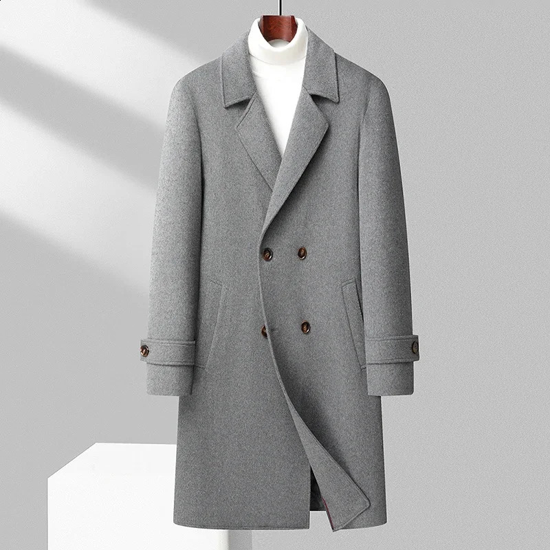 Mens classic winter double-layer wool coat mens business and leisure ultra-thin solid long wool windproof jacket thick and warm trench 240829
