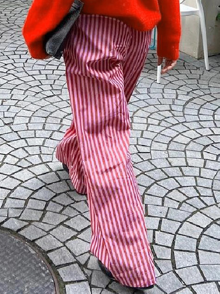 Women Y2k Stripe Print Long Pants High Elastic Waist Casual Loose Fit Wide Leg Red Pajama Pants with Pockets 2000s Streetwear 240829