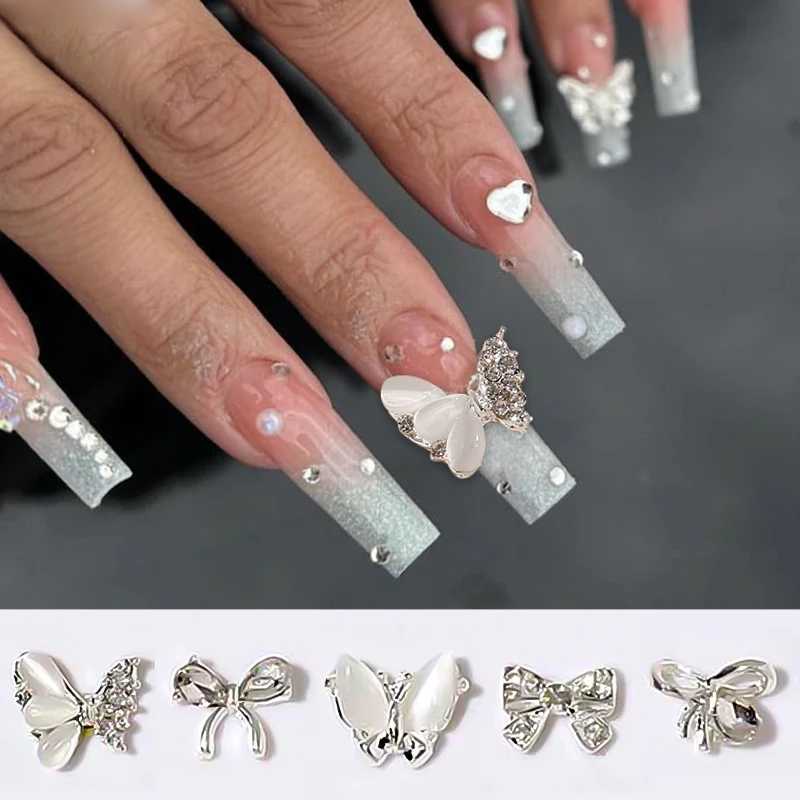 1 bag of 3D metal silver bow alloy nails artistic charm pearl nails rhinestones decorative glitter DIY jewelry accessories W240829