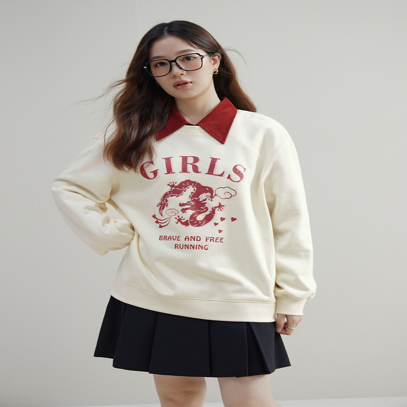 DUSHU round neck casual beige white sports shirt with letter printing for winter womens straight sleeved top wool lining and zipper 240827