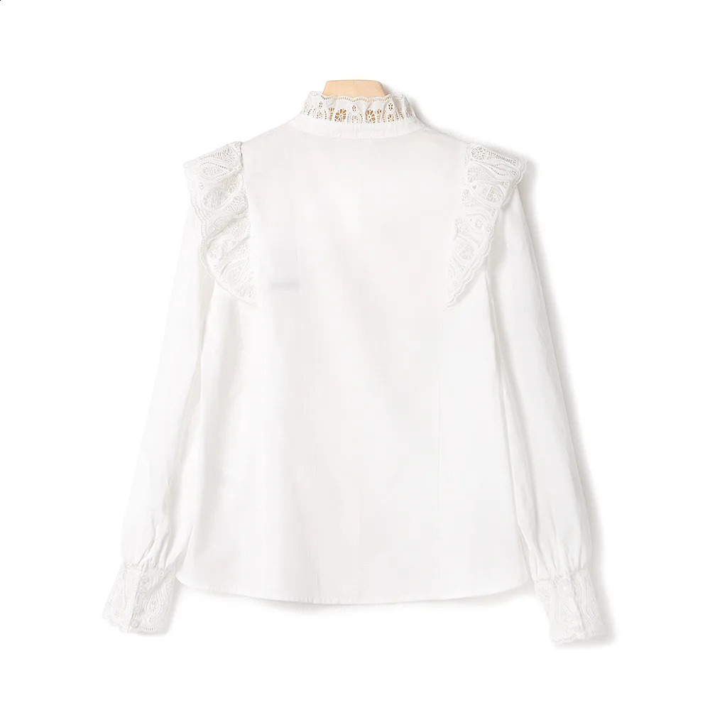 ZESSAM Lace Embroidery Women Shirt Long Sleeve Hollow Out Button Ruffle Cardigan Vintage Classic Casual Lady Top 240827