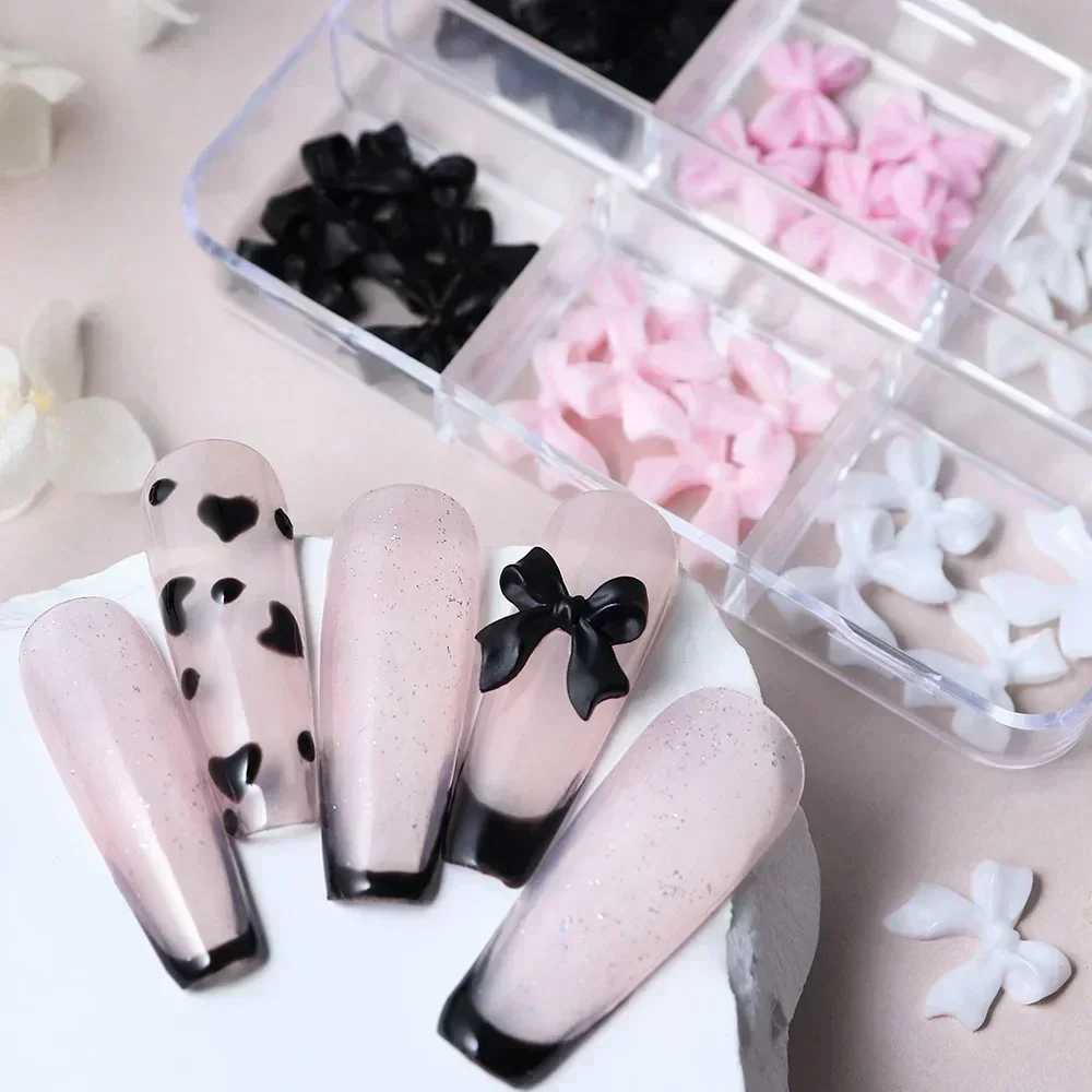 6 Grid Pink White Ribbon Bow Nail Charm Korean Accessories Black Nail Art Tie Decoration Kawaii Accessories Handmade Design Supplies W240829