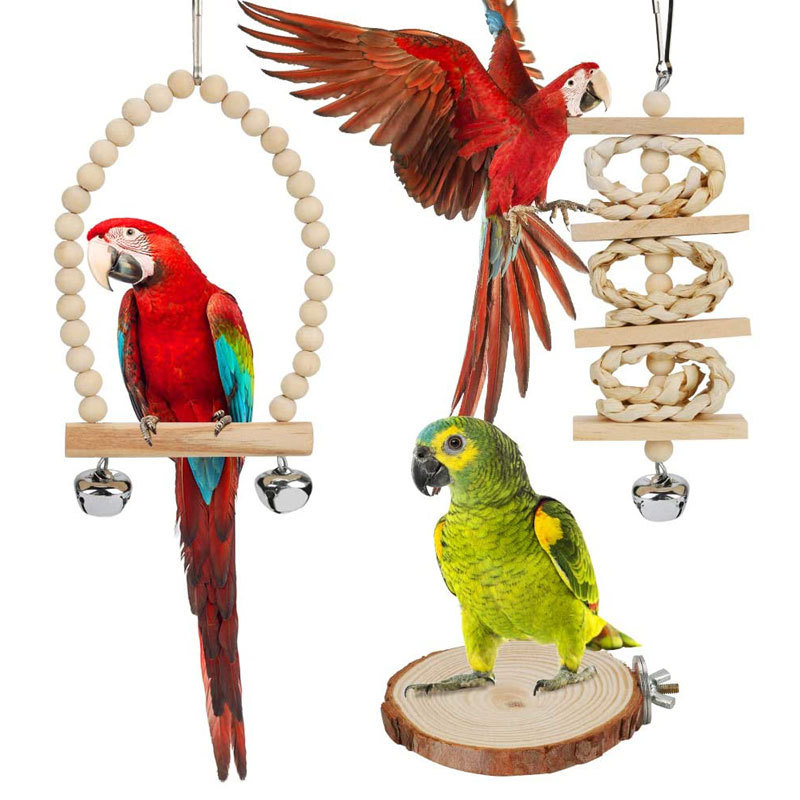8PCS Parrot Toy Set Log Color Bird Supplies Utensils Stand Rod Swing Bird Cage Accessories Bird Toys