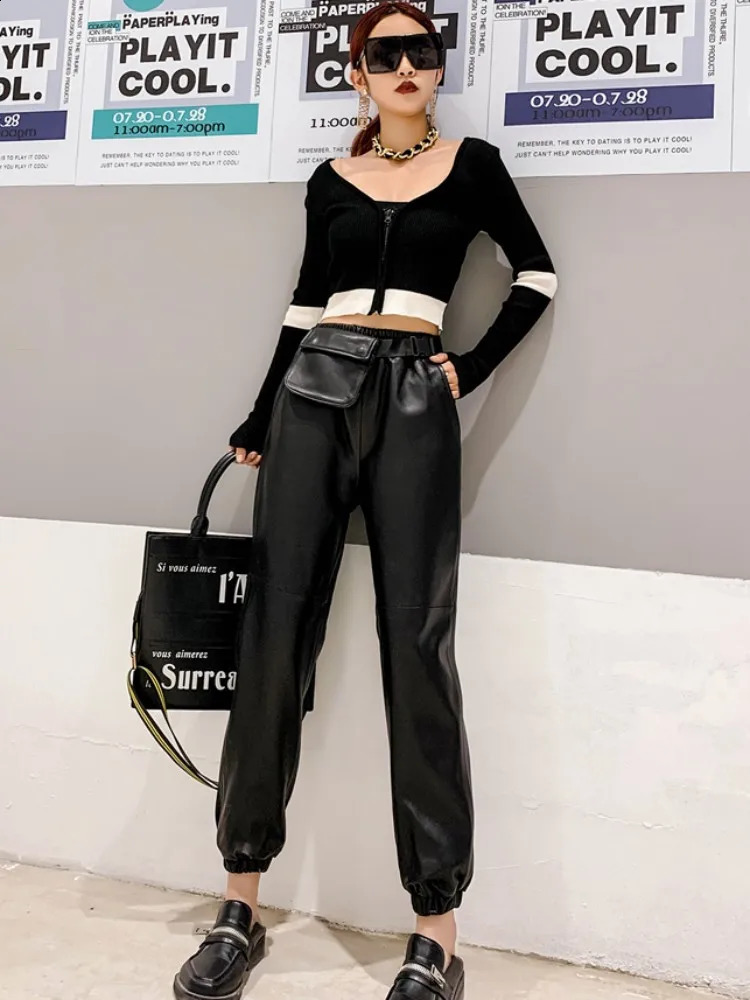 Womens genuine leather pants ner elastic high waisted fashionable commodity real street clothing punk casual sheepskin harem 240827