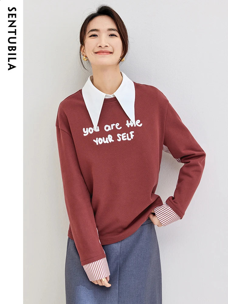 SENTUBILA 100% pure cotton Crewneck patch work sweater womens fashionable casual long sleeved letter embroidered top 133A51289 240827
