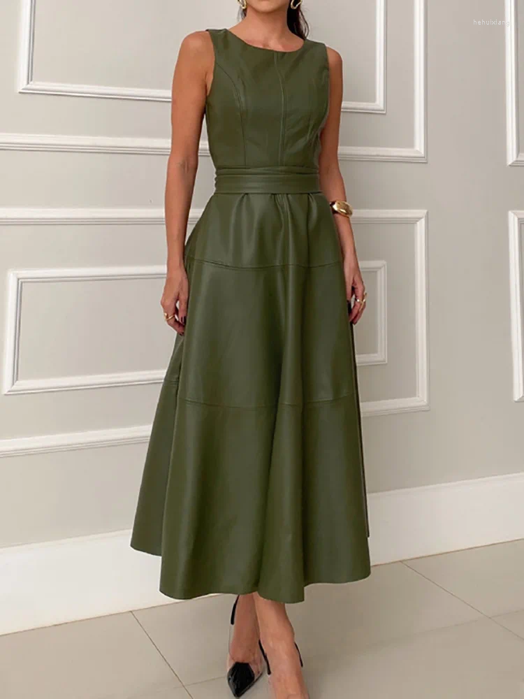 Casual Sleeveless Leather Patchwork Maxi Dress For Women - Spring/Summer Collection
