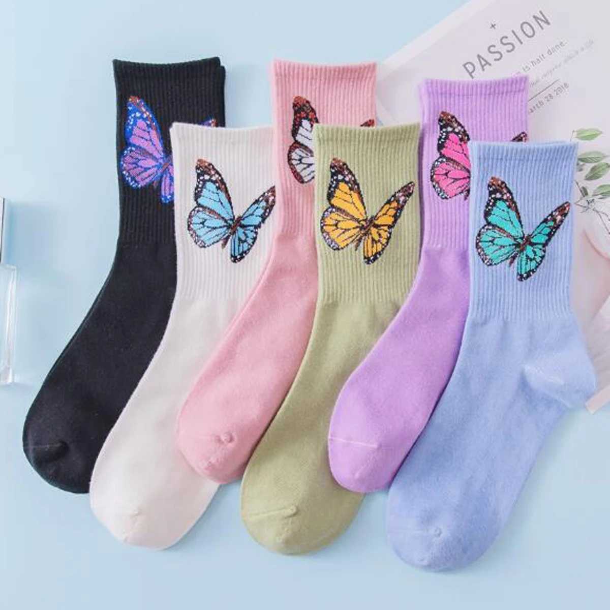 Men's Socks 6 Pairs/Set Womens Lovely Solid Color Butterfly Socks Crew Socks For Ladies Breathable Happy Socks Y240830DEIC