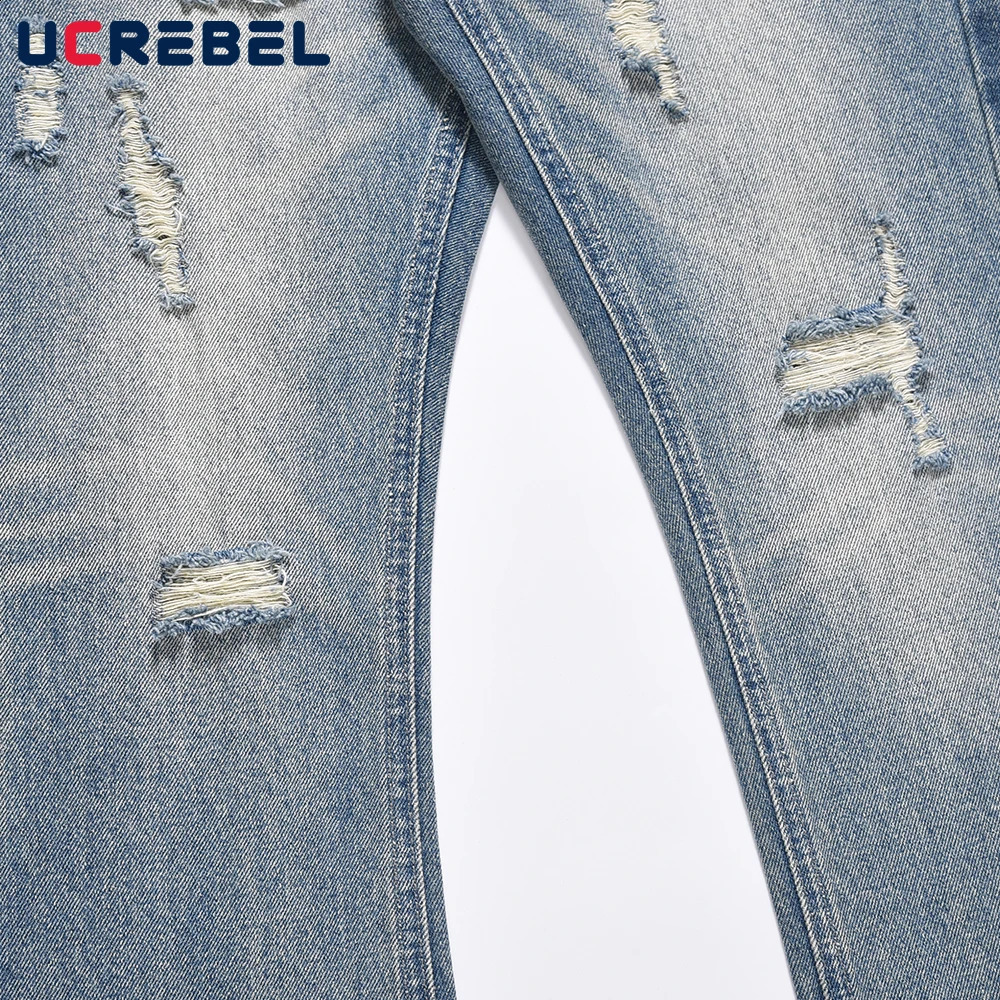 Tear hole casual jeans mens retro washed Distressed loose straight leg Vibe style glitter pants 240829