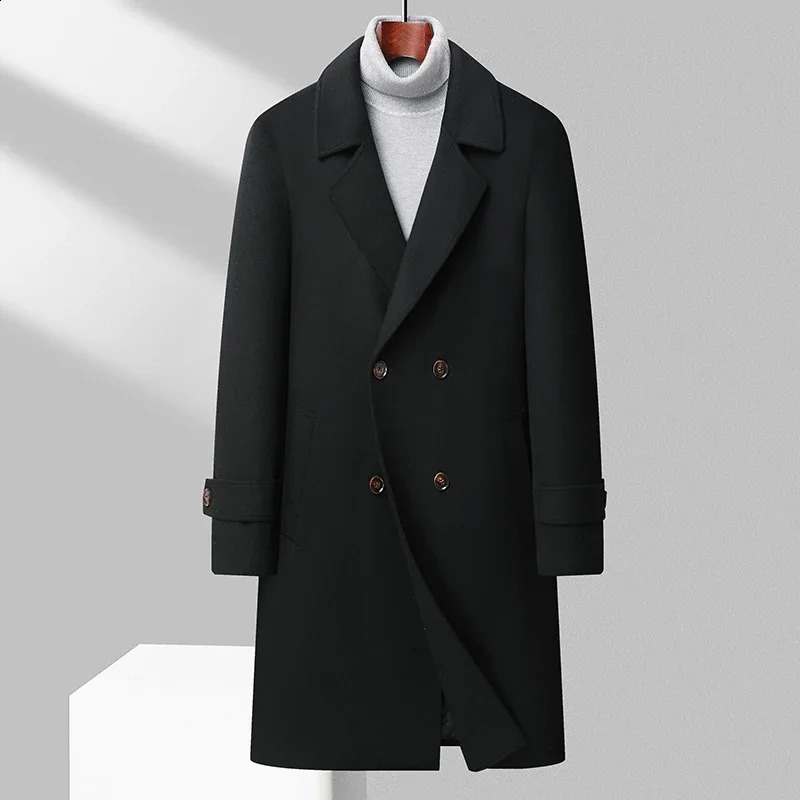Mens classic winter double-layer wool coat mens business and leisure ultra-thin solid long wool windproof jacket thick and warm trench 240829