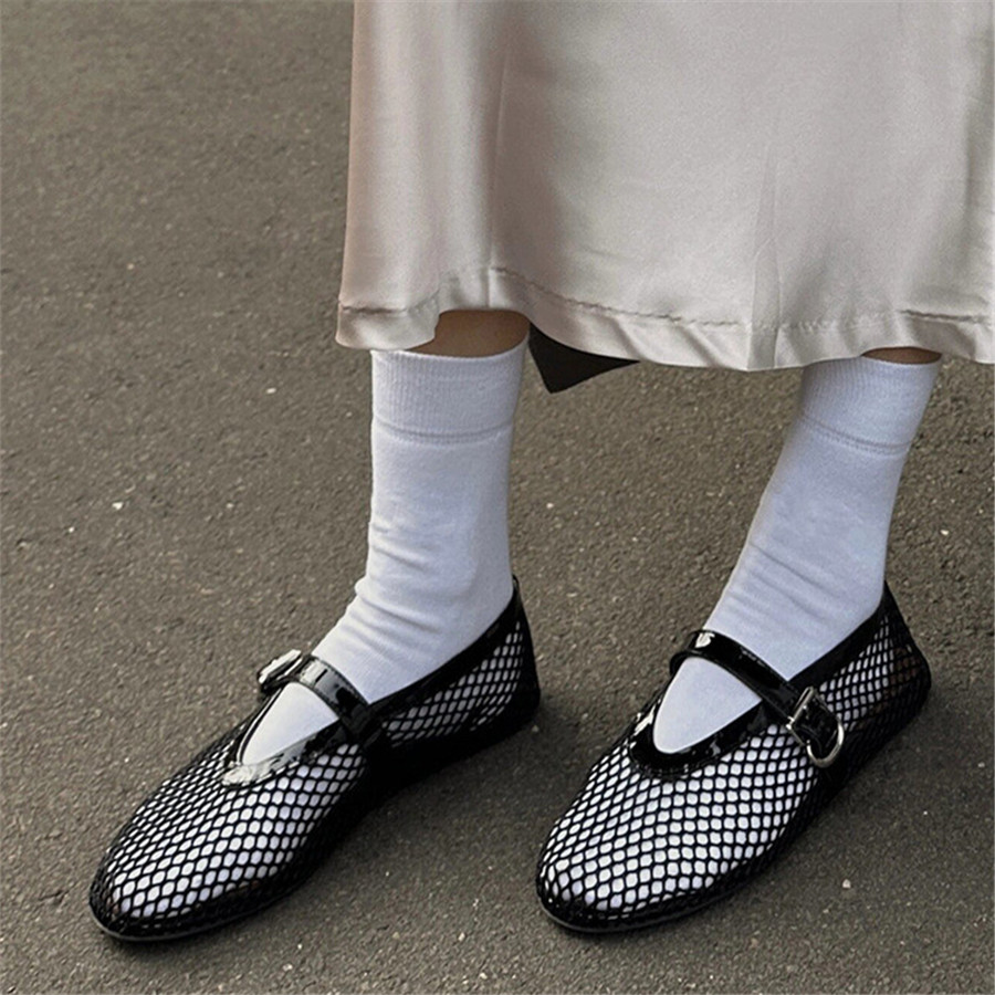 2024 New Gold Women Flats Ballet Dance Shoes Hollow Out Mesh Walking Loafers Ladies Mary Janes Strap Espadrilles Summer Sandals