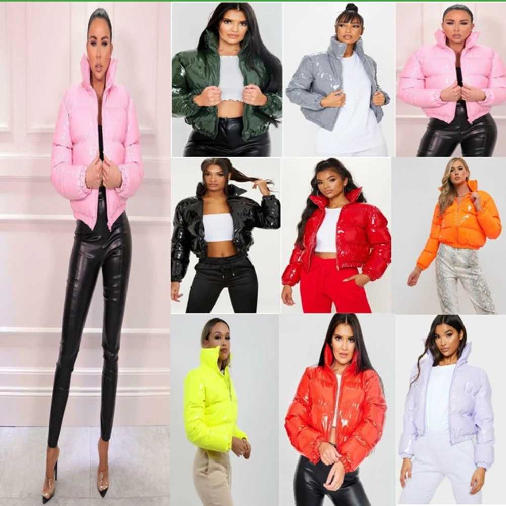 Women's Down Parkas Autumn Winter Women Bright Leather Puffer Jackets Warm Loose Cute Bubble Coats Parkas Down Stand Collar Solid Color Parkas XX