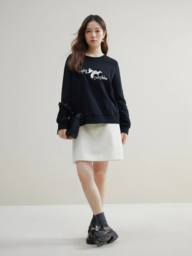 DUSHU 877% pure cotton womens round neck casual straight sweater front shoulder commuting winter black fully matched printed top 240827
