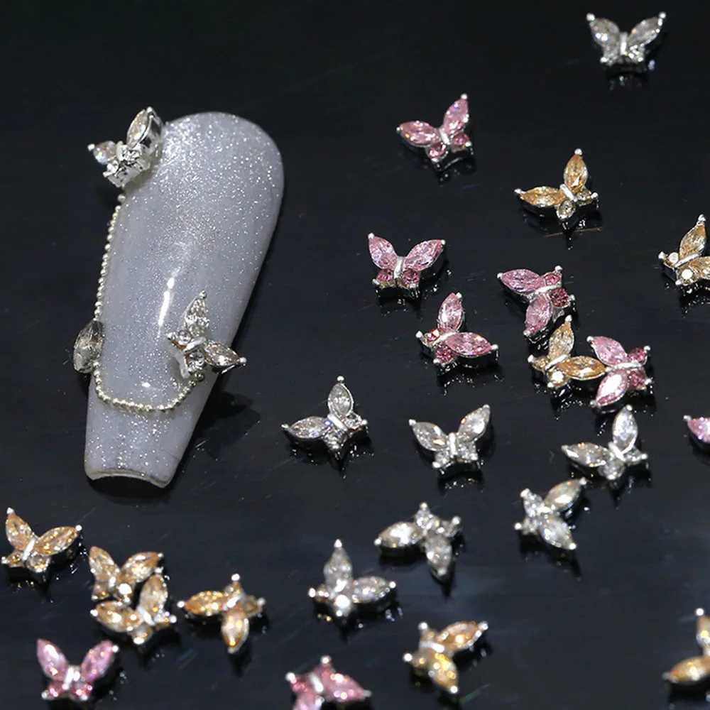 10 pieces of mini 4 * 5mm crystal butterfly nails artistic charm 3D diamond jewelry parts pink transparent metal processing decoration rhinestone gems