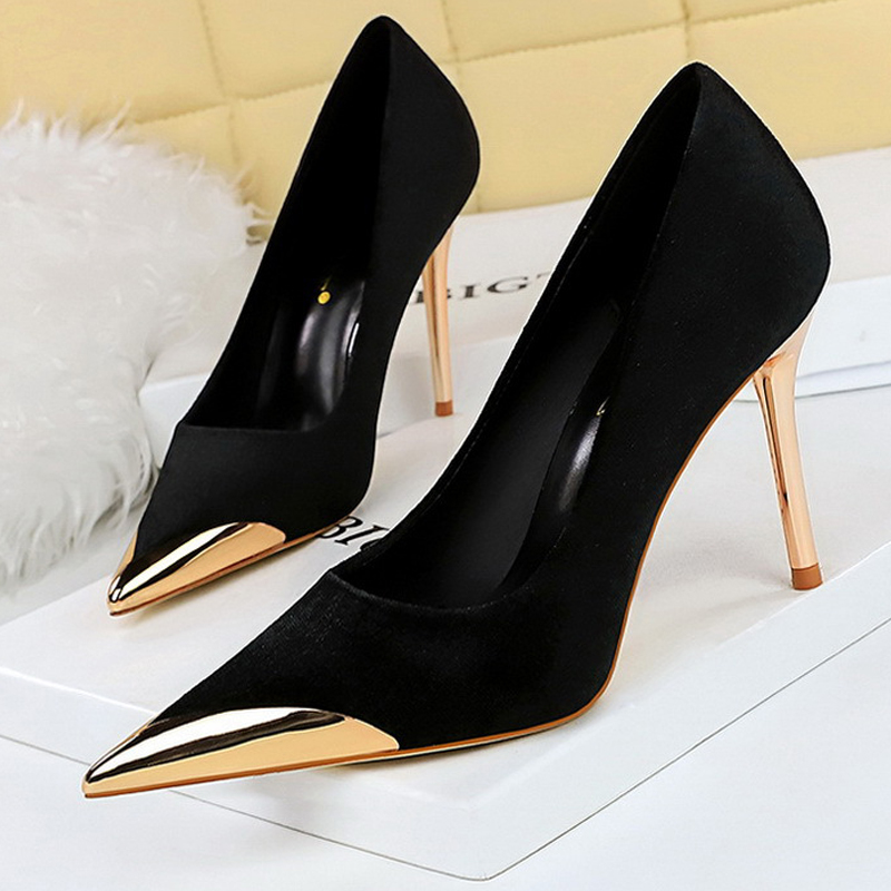 BIGTREE Women's Metal Pointed High Heels Fashion Stilettos Banquet Ladies Pumps Sexy Party Shoes Suede