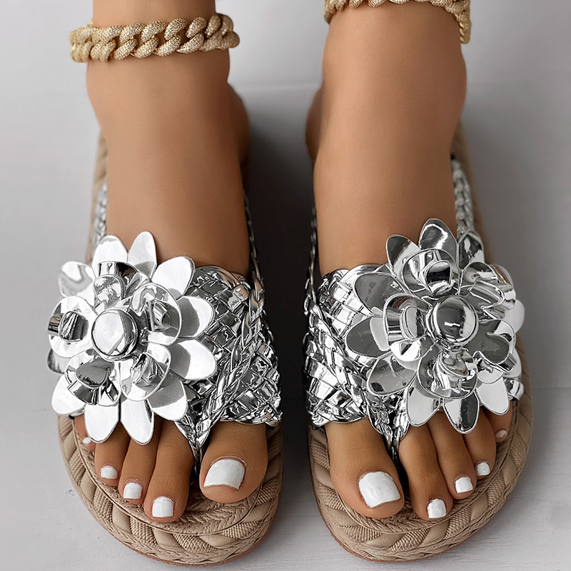 Women's Casual Flat Flip Flops with Holographic Braided Strap and Floral Toe Post Design Perfect for Beach Vacations and Everyday Comfort