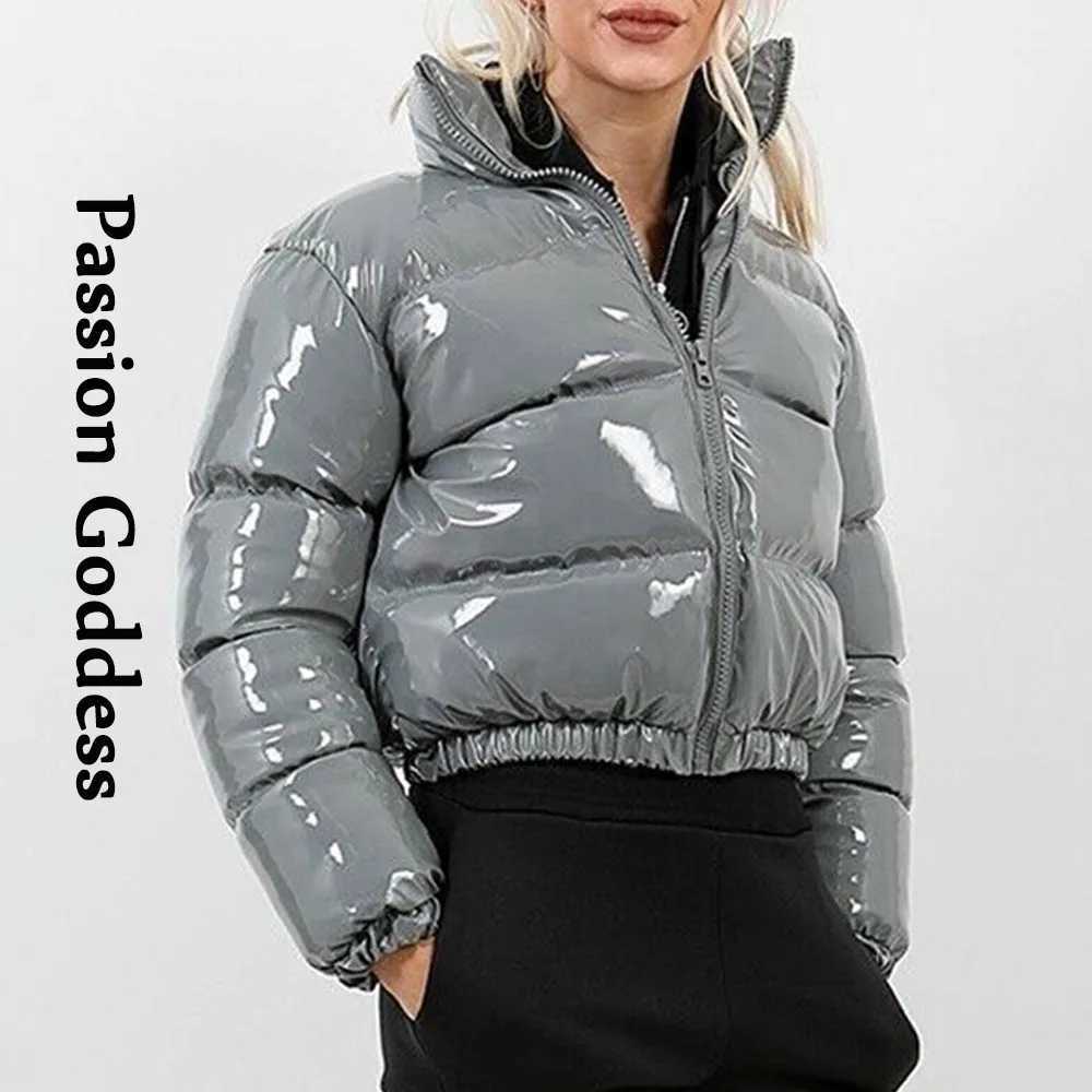 Women's Down Parkas Autumn Winter Women Bright PU Puffer Jackets Warm Bubble Coat Down Parkas Outcoat Zipper Jacket Cute Cropped Parkas XXL Y2410