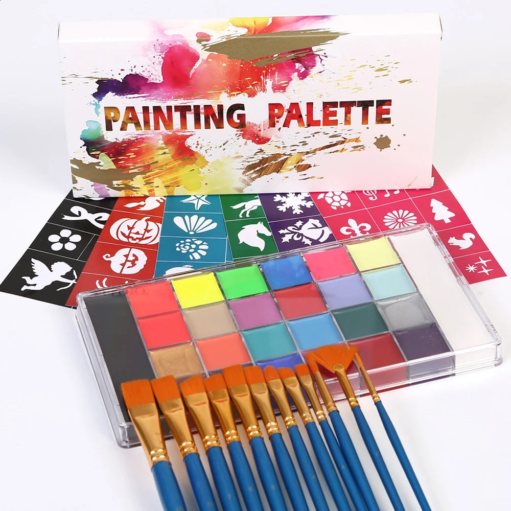 26 color and body painting palette kit Halloween makeup kit with 12 brushes 6 stickers used for role-playing party stage makeup 240829