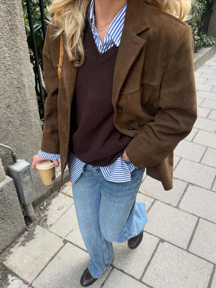 Womens chic brown casual suede jacket with collar long sleeves single chest pocket autumn solid office womens commuting top 240830
