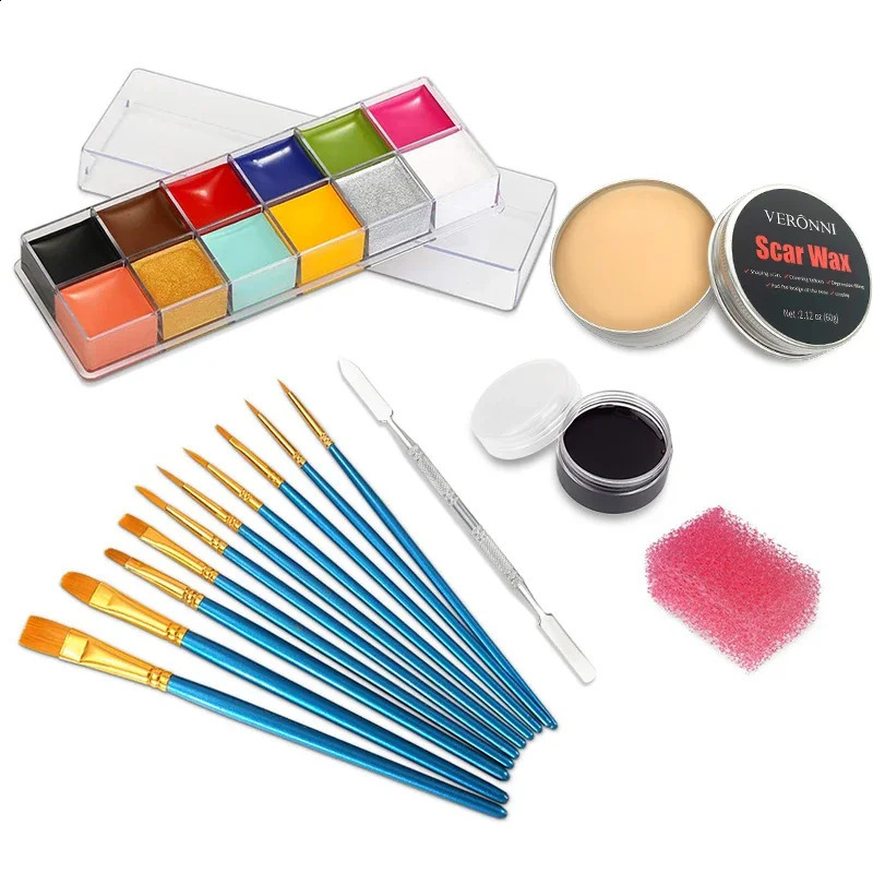 8 pieces of SFX makeup kit with 20 colors and body painting oil stage effects Halloween wound wax makeup fake scalp blood scraper 240829