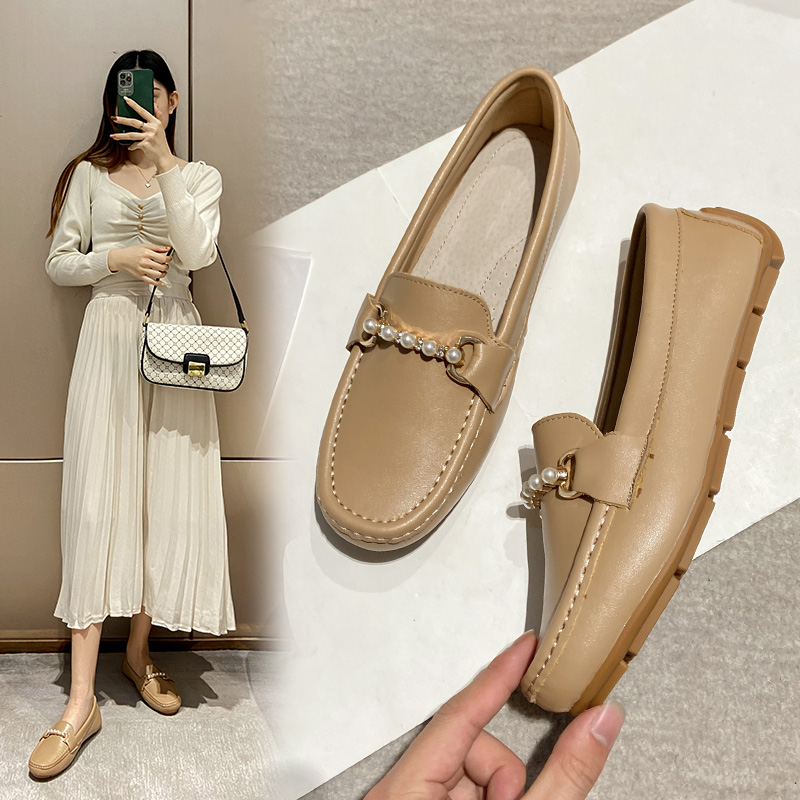 Luxury Pearl Band cow leather flat shoes woman round toe moccasins anti-slip cozy pregnant shoes female genuine leather loafers
