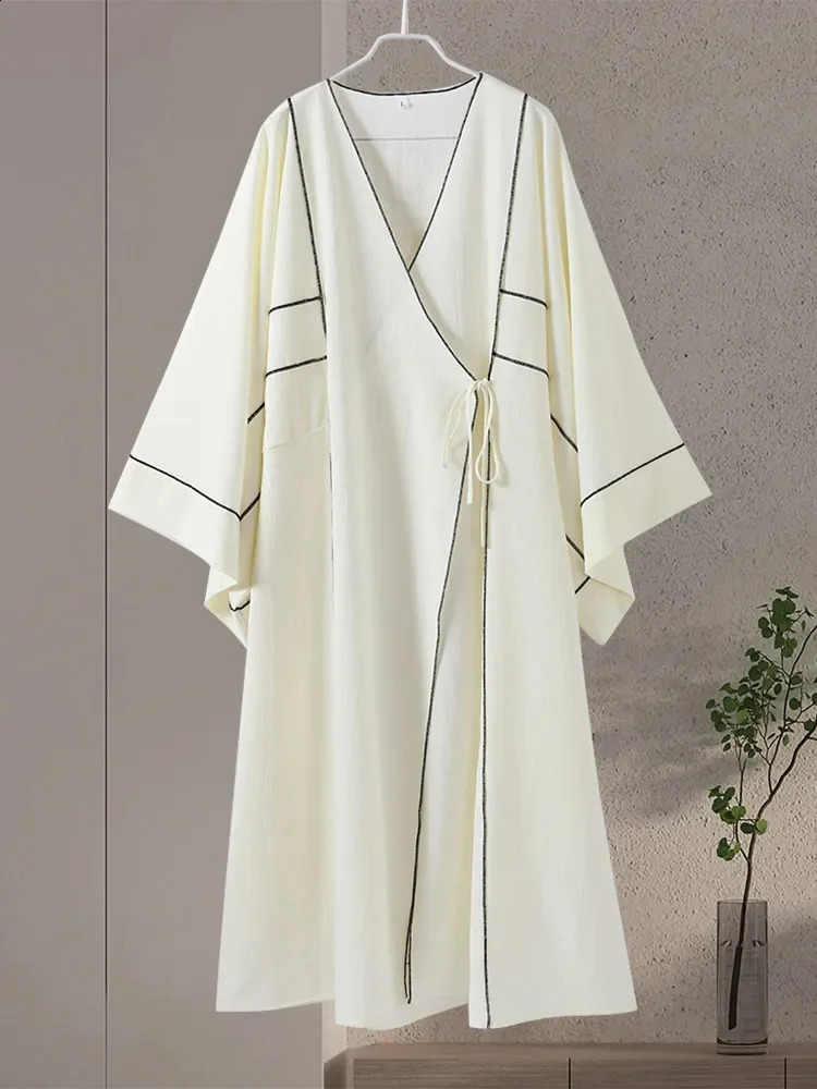 Loose Print Lace Up Maxi Dres Fashion White Vneck Long Sleeve Female Dresses 2024 Summer Casual Lady Contrast Dubai Robe 240830