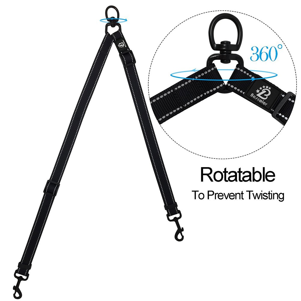 Black Double Leash Coupler for Large Dogs Adjustable Heavy Duty Nylon Splitter for Two Big Dogs