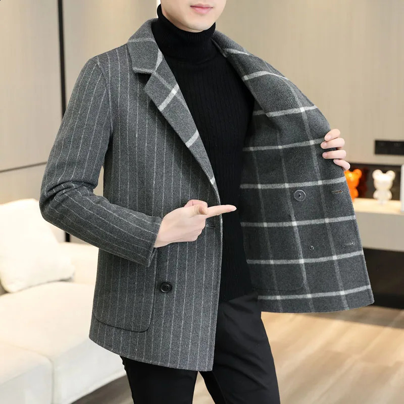 Double sided striped plain weave mens autumn and winter fashionable and handsome double-layer suit collar short wool coat 240829
