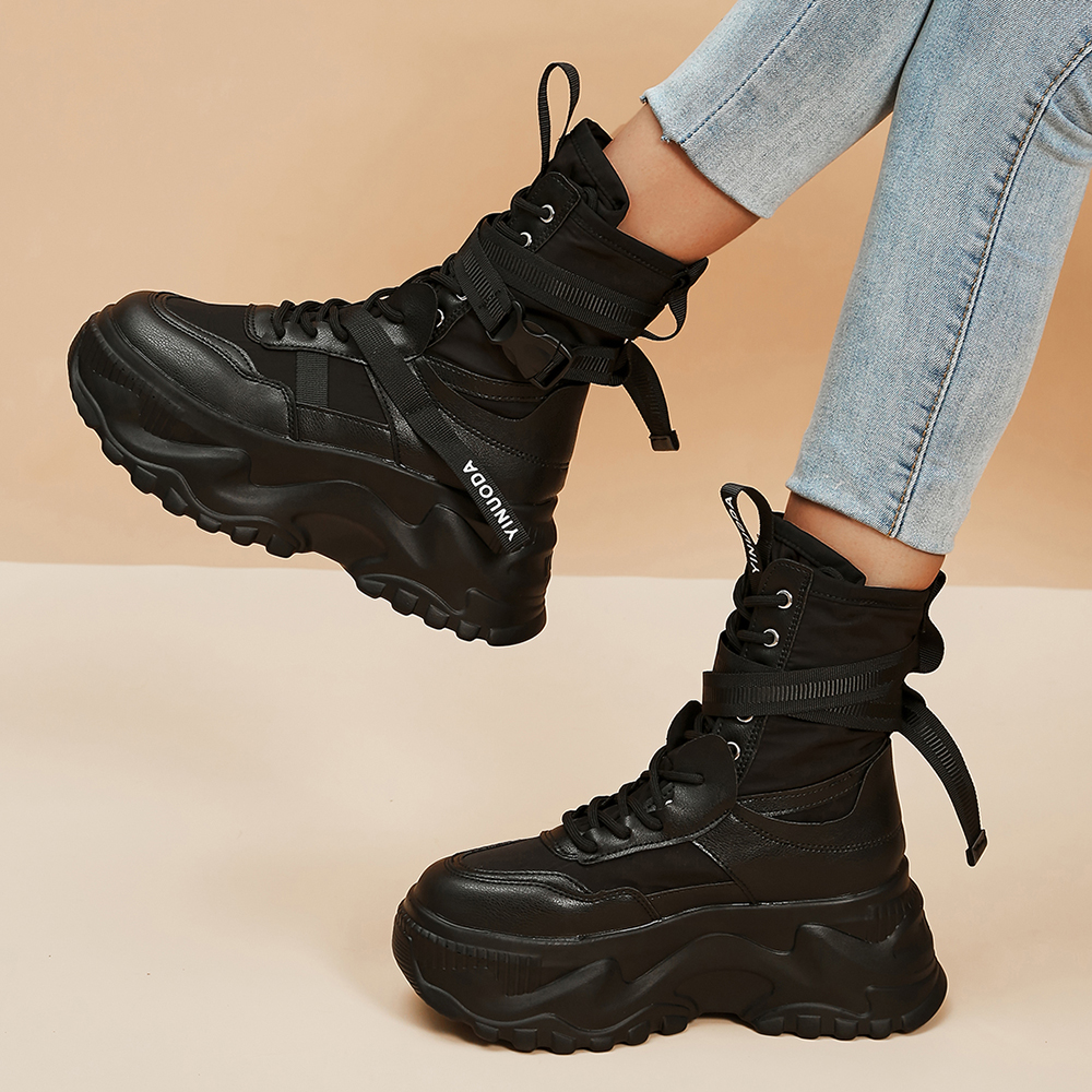 White Black Chunky Platform Motorcycle Boots Women Fashion Thick Sole Vulcanize Shoes Woman Autumn Winter Ankle Botas Mujer 2023
