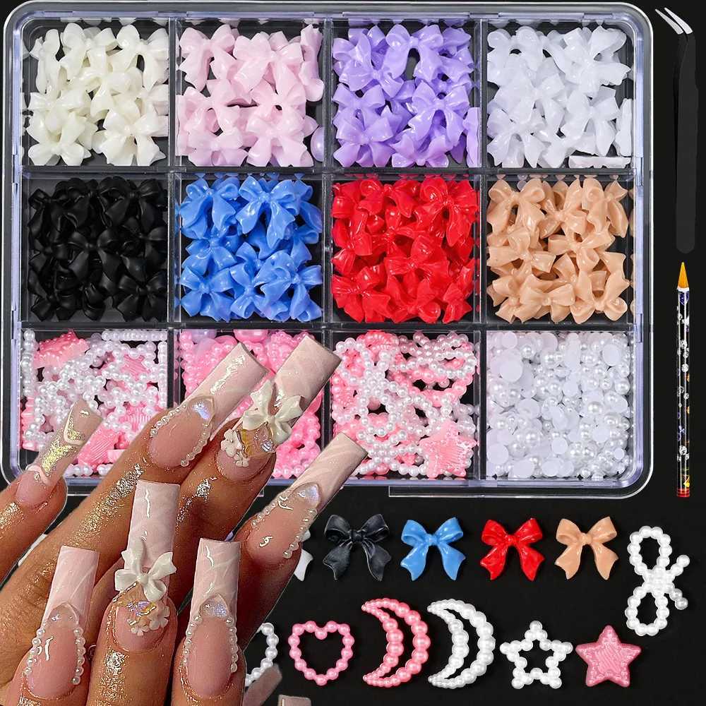 12 Grid/Box Mixed Bow Ribbon Nail Art Resin Charm Five Petal Flower Hollow Pearl Set Jewelry DIY Nail Art Accessories * #xw W240829