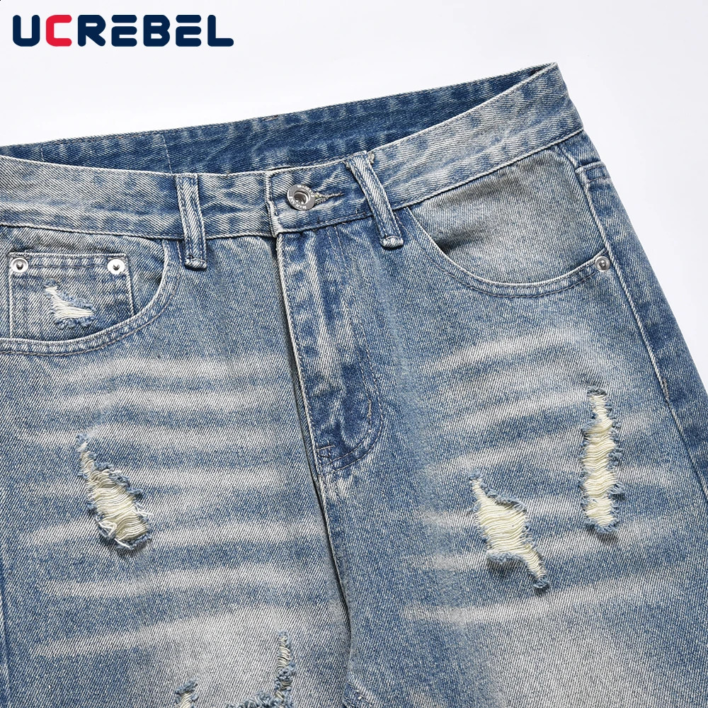 Tear hole casual jeans mens retro washed Distressed loose straight leg Vibe style glitter pants 240829