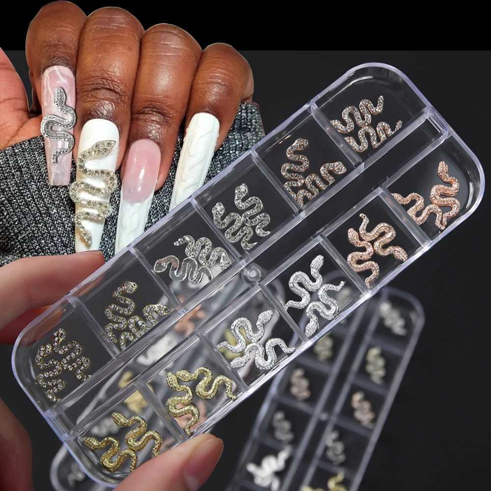 12 grid silver/gold zircon large snake glitter nail charm 3D nail art decoration alloy nail charm jewelry W240829