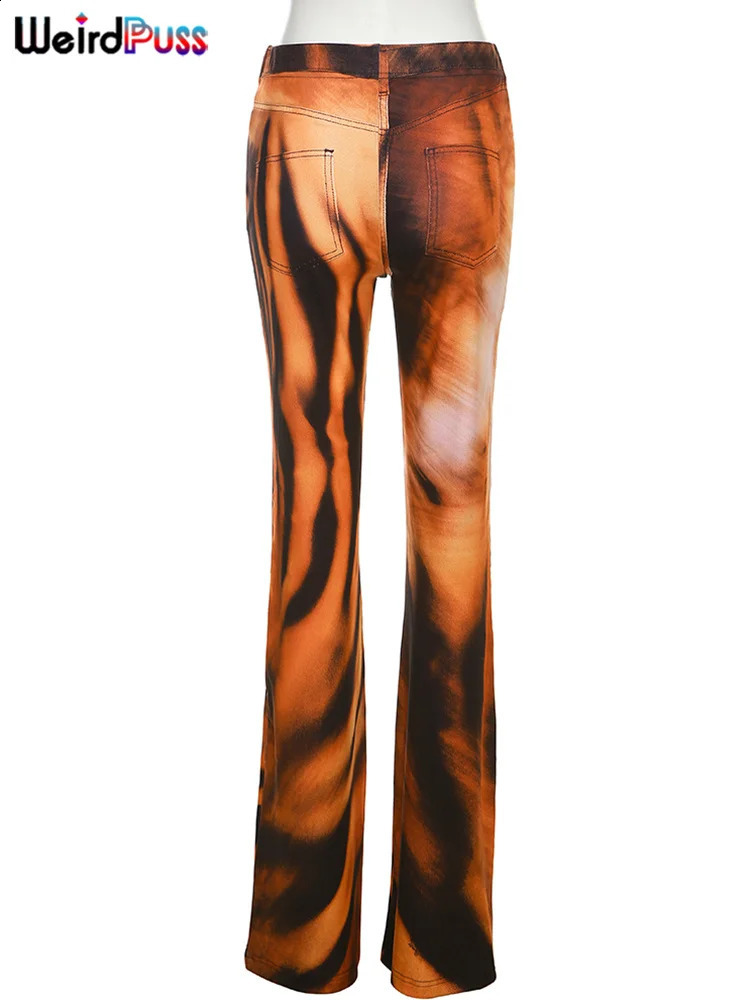 Weird Puss Tiger Print Flare Pants Women Y2K Summer Trend Skinny Elastic Wild Casual Streetwear Basic High Waist Trousers 250122