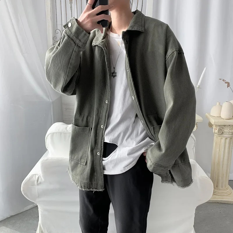 Trendy Spring Loose-fit Solid Color Work Jacket For Men Casual Student Vintage Style Top Clothing Regular Length 240830