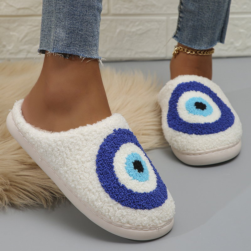 2023 New Blue Eye House Slippers Women Winter Soft Plush Warm Fluffy Slippers Woman Indoor Anti-Slip Home Cotton Shoes Couple