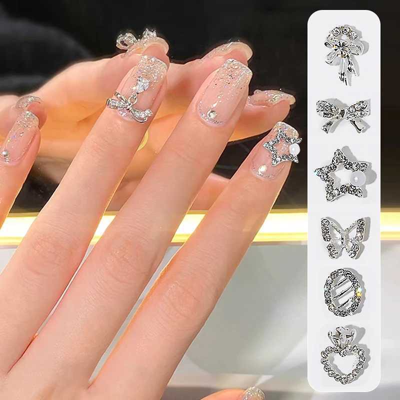 1 silver gold metal shiny bow star shaped nail charm 3D rhinestone nail decoration accessory tip DIY W240829