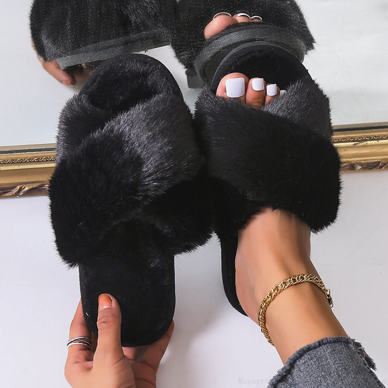 Winter 2023 Women Home Indoor Casual Fuzzy Female Flip ps Fluffy Shoes Cross Slides New Ladies Soft Plush Furry Slippers 0453