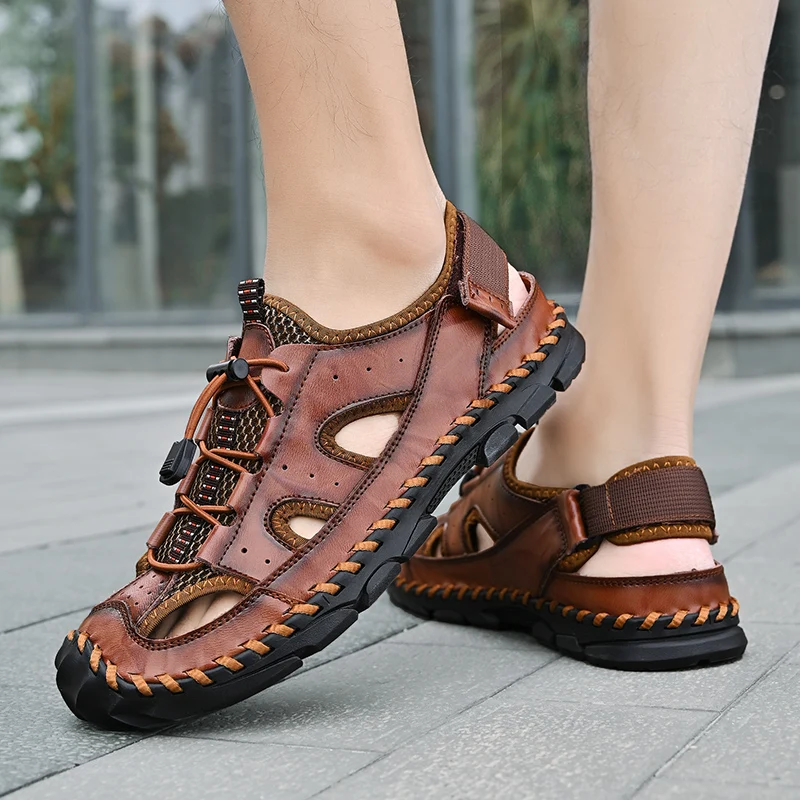 Men Summer Sandals 2024 New Casual Leather Beach Sandals Men's Shoes Mesh Breathable Comfortable Soft Roman Men Sandals
