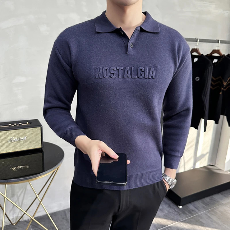 mens lapel long sleeved knitted sweater/mens slim fit fashionable long sleeved zipper mens letter printed sweater 3XL 240829