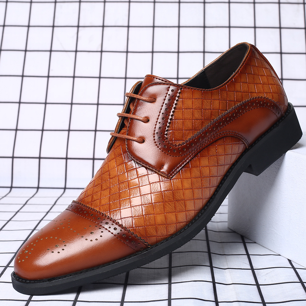 Men's Splicing Brogue Woven Grain Leather Dress Men Lace-Up Wedding Party Shoes Mens Business Office Oxfords Flats