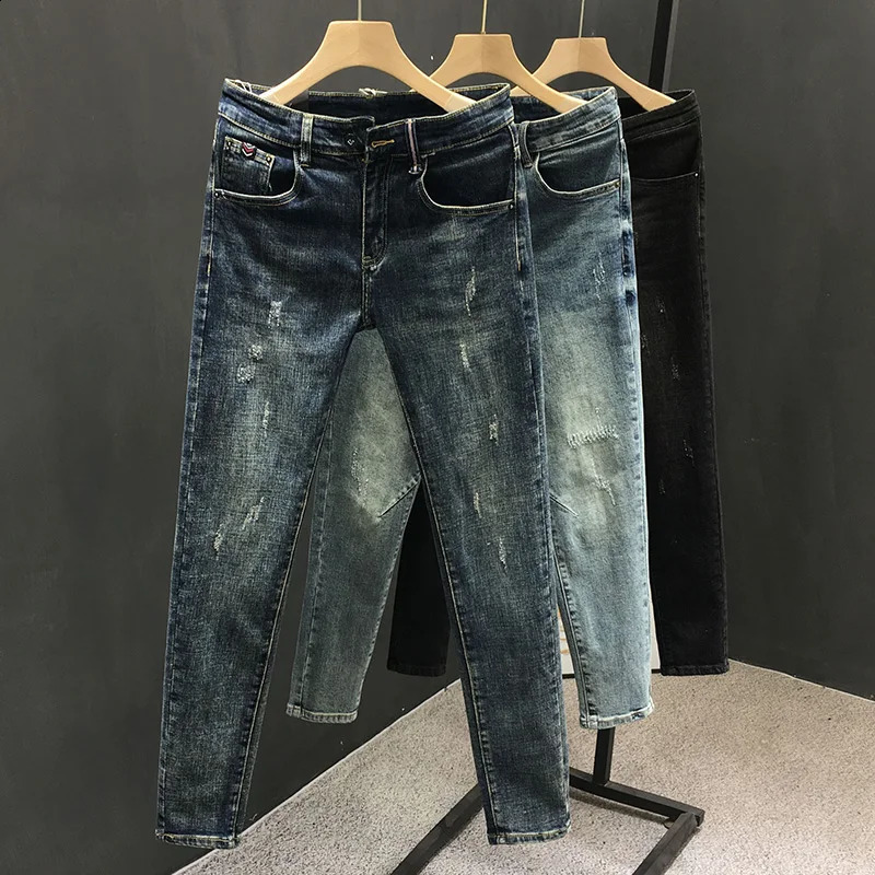 Y2k Men Fashion Stylish Denim Pants High Quality Slim Fit Allmatch Trousers Casual Stretch Pencil Cropped Jeans 240826Z