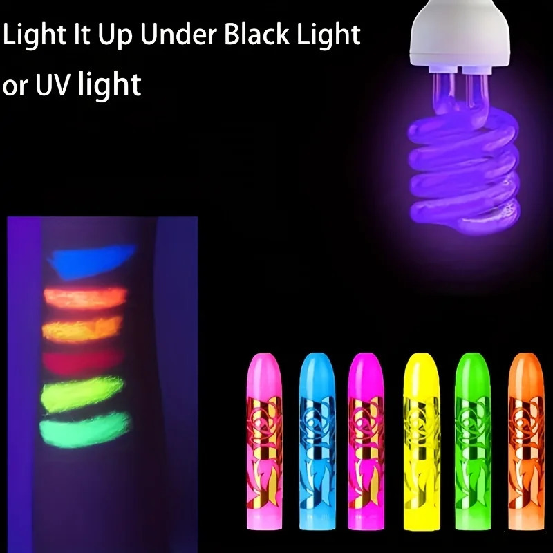 6-piece/set UV reactive glow in the dark crayon set neon glow makeup wand used for carnival and Halloween makeup 240829